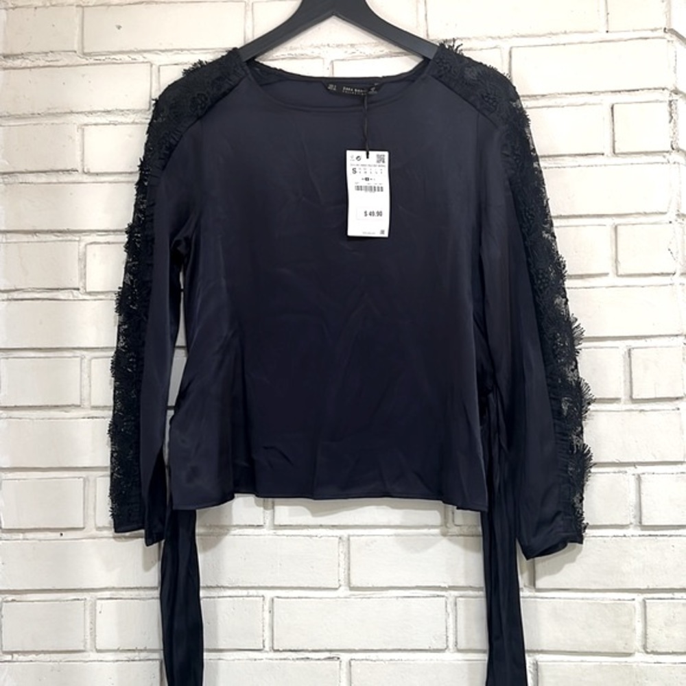 Zara Basic Navy Blue Satin Sheer Eyelash Lace Long Sleeve Wrap Blouse Small